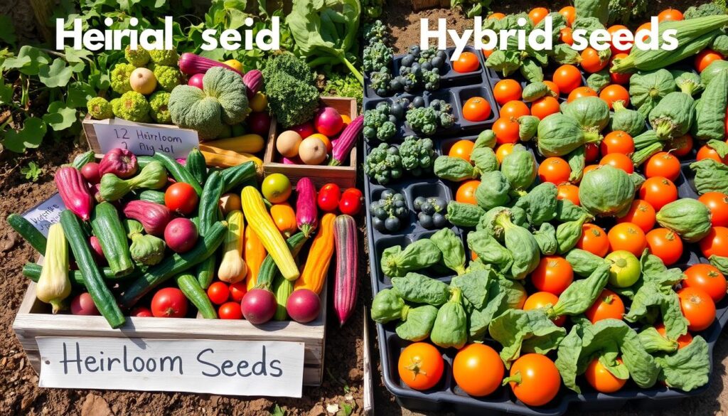 A vibrant garden scene divided into two halves: one side showcasing heirloom seeds with rich, diverse heirloom vegetables in various colors and shapes, organic soil, rustic wooden seed boxes, and hand-drawn labels; the other side displaying hybrid seeds with uniform, glossy vegetables, modern planting trays, and geometric patterns in bright colors, emphasizing diversity versus uniformity in a sunny garden setting.
