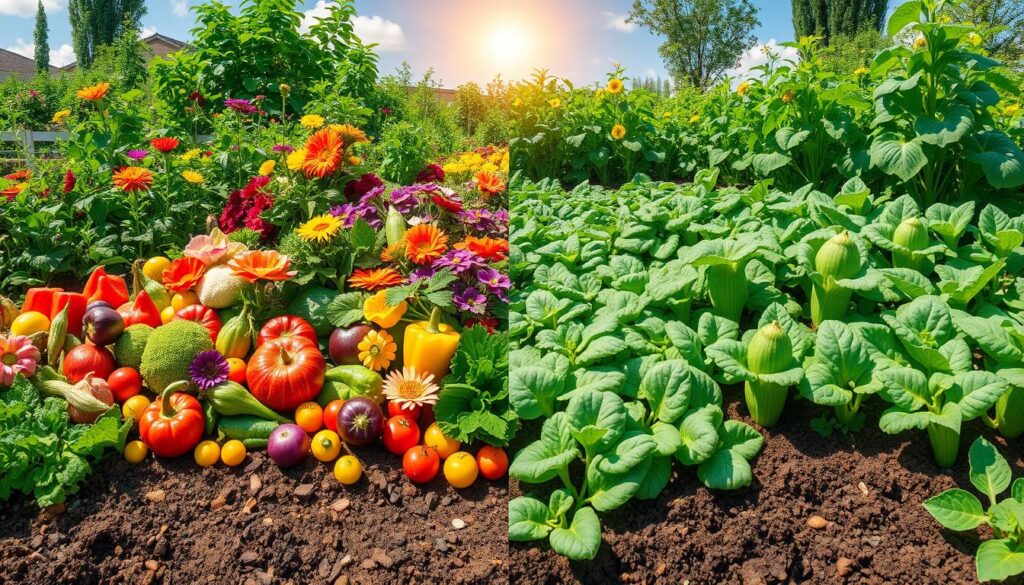 A vibrant garden scene split in two, showcasing heirloom seeds on one side with diverse, colorful vegetables and flowers, and hybrid seeds on the other side featuring uniform, high-yield crops; rich soil, lush greenery, and a sunny sky overhead, emphasizing growth characteristics and yield potential in a harmonious composition.