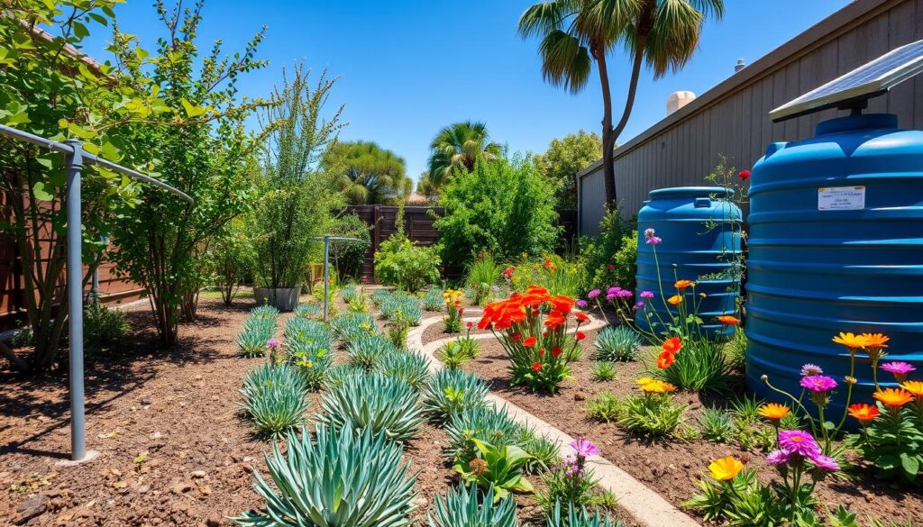 A serene garden landscape featuring advanced water conservation technology, including drip irrigation systems, moisture sensors embedded in the soil, and solar-powered rainwater collection barrels, surrounded by vibrant drought-resistant plants and flowers, under a bright blue sky.