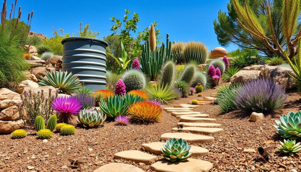 A vibrant, drought-resistant garden featuring native plants, a rainwater harvesting barrel, and a variety of colorful succulents, set against a sunny, arid landscape with rocky soil and a clear blue sky. Include pathways made of natural stones and organic mulch, surrounded by butterflies and bees, emphasizing a harmonious balance between flora and fauna.