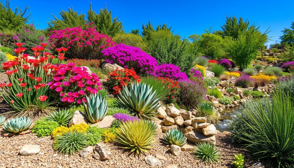 Lush drought-tolerant garden with vibrant native plants, colorful succulents, and a dry riverbed, surrounded by rocks and mulch, showcasing a variety of textures and colors under a clear blue sky, designed to minimize water use.