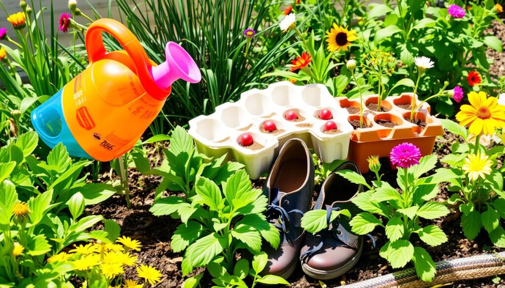 A vibrant garden scene featuring an assortment of unconventional gardening hacks using household items, such as a colorful plastic bottle turned into a watering can, egg cartons used as seed starters, and old shoes repurposed as planters, surrounded by lush green plants and flowers, all set against a sunny backdrop.
