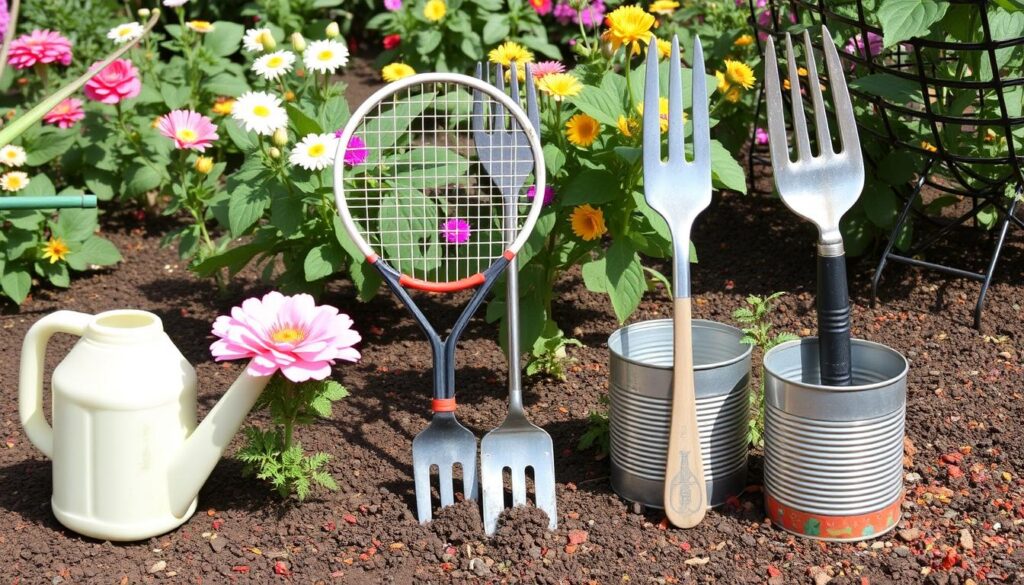 A whimsical assortment of unconventional gardening tools made from household items, including a milk jug watering can, a pair of old tennis rackets as plant supports, a fork turned into a garden hoe, and a tin can upcycled into a flower pot, set against a vibrant garden backdrop with blooming plants and colorful soil.