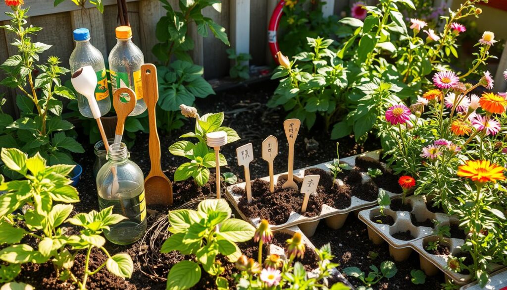 A vibrant garden scene showcasing innovative gardening techniques, with a variety of household items in use—plastic bottles repurposed as planters, old kitchen utensils transformed into plant markers, used coffee grounds being sprinkled into soil, and egg cartons serving as seed starters, all surrounded by flourishing plants and flowers, bathed in warm sunlight, creating a harmonious blend of nature and creativity.