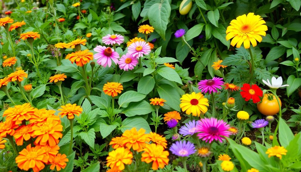 A vibrant garden scene showcasing a variety of companion plants, with marigolds planted alongside vegetables like tomatoes and peppers, colorful flowers attracting beneficial insects, lush green foliage, and a serene atmosphere that conveys natural pest control methods.