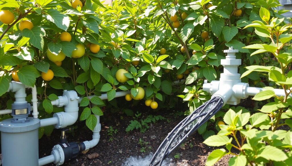 A vibrant garden scene featuring a greywater irrigation system, showing interconnected pipes and filtration units, lush green plants thriving with healthy fruits and vegetables, water flowing gently through a well-maintained network, sunlight filtering through leaves, emphasizing sustainability and eco-friendliness.