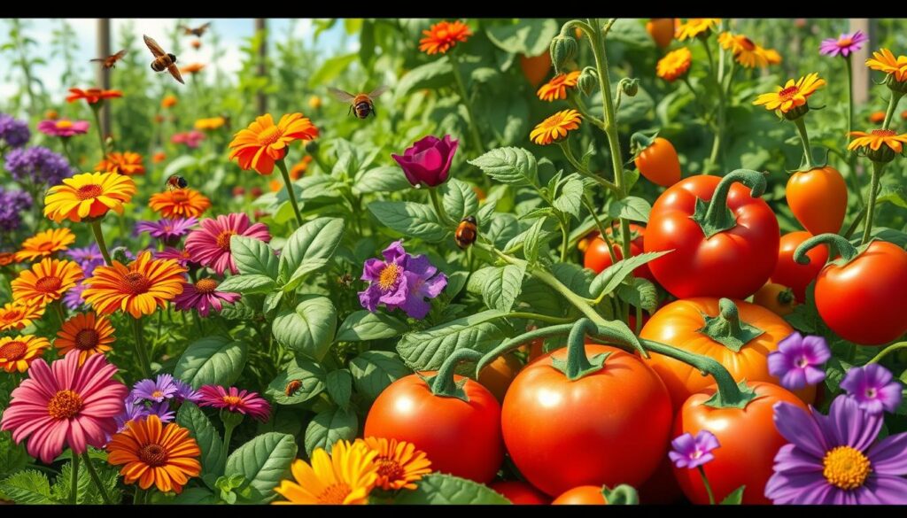 A vibrant garden scene showcasing a variety of companion plants, with colorful flowers and vegetables intermingling, depicting natural pest-repelling relationships. Include close-up illustrations of plants like marigolds, basil, and nasturtiums surrounding vegetables such as tomatoes and peppers, with visible signs of healthy growth. Show a balanced ecosystem, with beneficial insects like ladybugs and bees flying among the plants, set against a sunny sky and lush greenery.