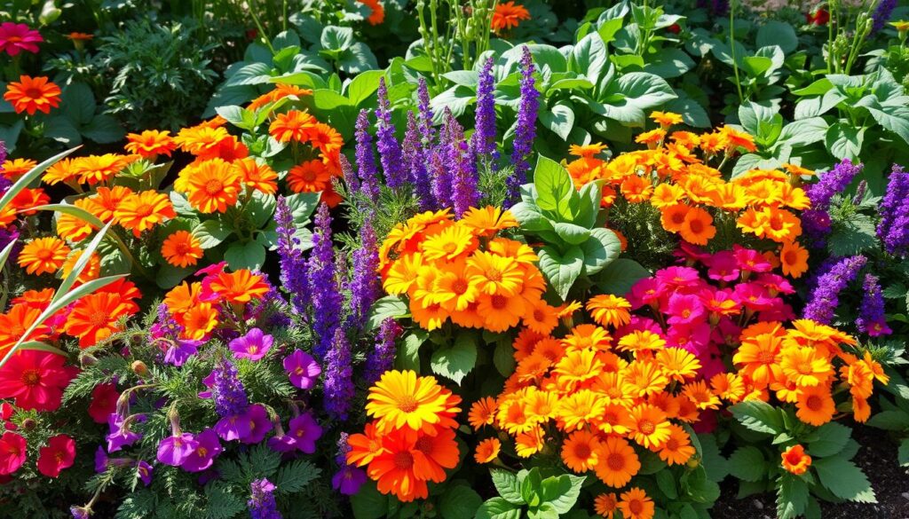 A vibrant garden scene showcasing an array of companion plants known for repelling pests, including marigolds, basil, lavender, and nasturtiums, arranged in harmonious clusters. The plants are lush and colorful, with rich green foliage and blooming flowers, surrounded by a variety of vegetable plants. Soft sunlight filters through, casting gentle shadows and highlighting the natural beauty and diversity of the garden.