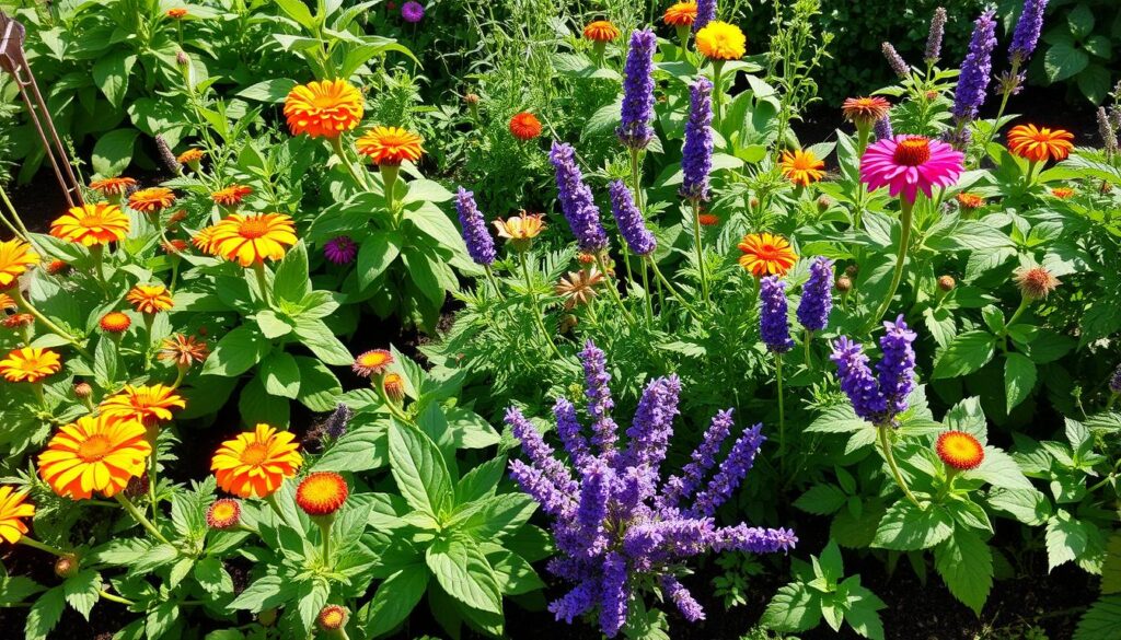 A vibrant garden scene showcasing a variety of companion plants arranged strategically to repel common pests, with lush greenery, colorful flowers, and visible pest-resistant plants like marigolds, basil, and lavender intermingled with vegetables and herbs, all under warm sunlight.