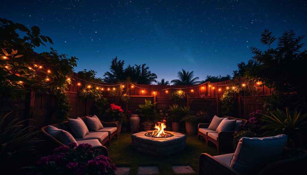 A serene evening garden retreat, illuminated by soft, twinkling fairy lights, surrounded by lush plants and flowers, cozy seating area with comfortable cushions, a small fire pit casting a warm glow, starry night sky above with bright constellations visible, gentle breeze rustling leaves, and a tranquil atmosphere.