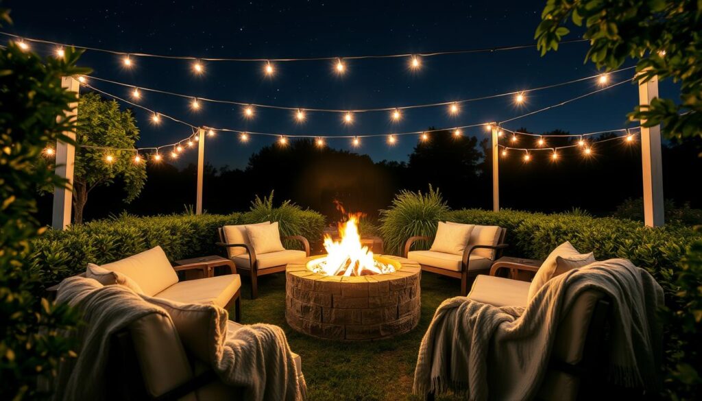 A serene outdoor night relaxation space featuring a cozy fire pit surrounded by soft seating, twinkling fairy lights strung overhead, a clear starry sky visible, lush greenery framing the area, and plush blankets draped over chairs, creating a peaceful ambiance for stargazing.