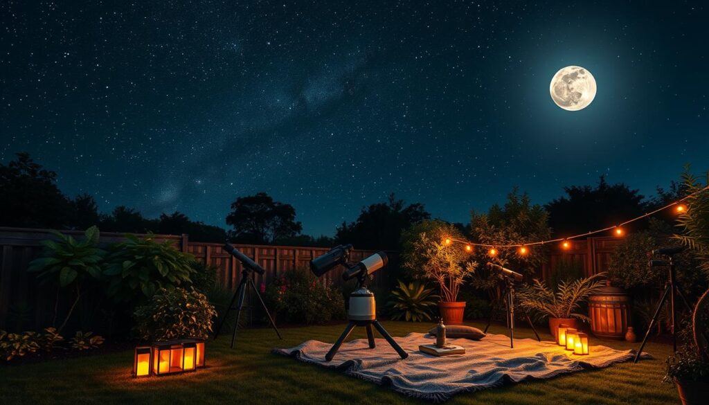 A tranquil garden scene at night, featuring a comfortable stargazing area with a cozy blanket, surrounded by soft glowing lanterns, lush greenery, and strategically placed telescopes. The sky is filled with a stunning array of stars, constellations, and a bright moon illuminating the space, while subtle hints of digital technology blend seamlessly into the natural landscape.