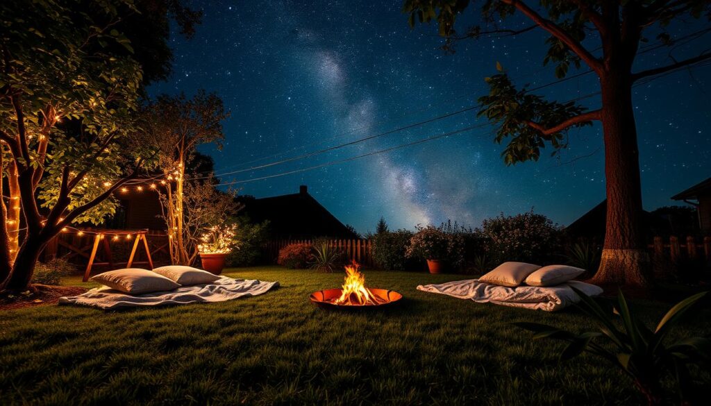 A serene garden scene at night, featuring a cozy stargazing spot with soft blankets and pillows on a grassy area, surrounded by gentle fairy lights hanging from trees, a small fire pit with warm glowing embers, lush plants and flowers in silhouette against a starry sky filled with twinkling stars and the Milky Way, creating an inviting atmosphere for relaxation and contemplation.