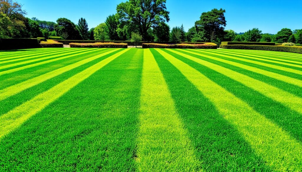 A vibrant green lawn featuring various striping techniques, showcasing contrasting patterns of light and dark green stripes in a perfectly manicured garden. The image emphasizes diagonal, checkerboard, and wave patterns, with sunlight creating shadows that enhance the texture of the grass. The background features a serene landscape with trees and a clear blue sky, highlighting the artistic design of the lawn.