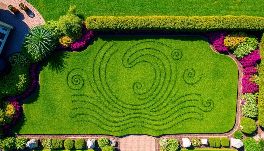 A vibrant aerial view of a meticulously designed lawn featuring intricate mowing patterns, combining spirals, waves, and checkerboards, framed by colorful flower beds, lush greenery, and ornamental stones, under a bright blue sky.