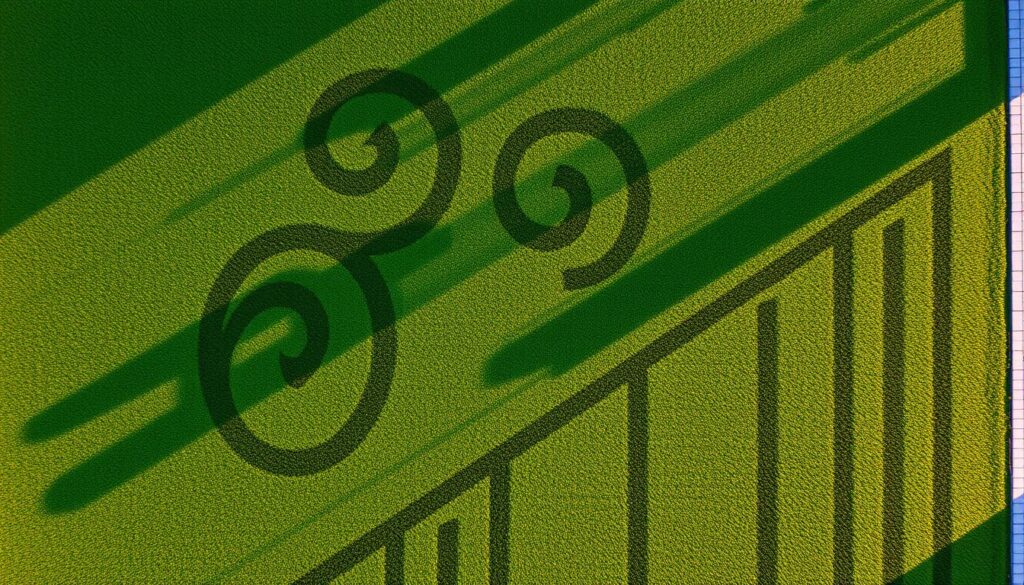 Aerial view of an intricately designed lawn with geometric patterns, swirls, and stripes, showcasing vibrant green grass and contrasting golden sunlight, capturing the essence of artistic landscaping and precision mowing techniques.