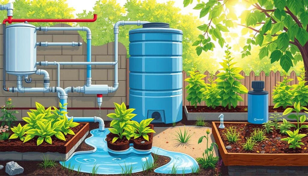 A detailed illustration of a greywater irrigation system, featuring interconnected pipes and tanks, lush garden beds receiving water, native plants thriving, a simple filtration setup, a rainwater catchment system, and sunlight filtering through leafy trees. The scene is vibrant and showcases sustainable gardening practices.
