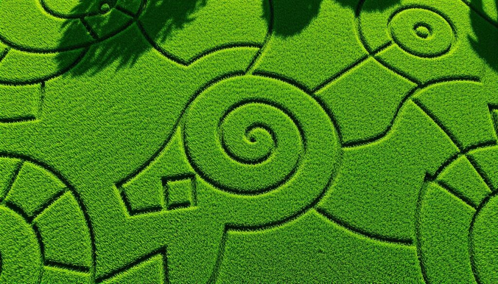 Intricate lawn mowing patterns creating geometric shapes and swirling designs across a vibrant green landscape, featuring alternating shades of grass, with sunlight casting shadows that enhance the visual texture.