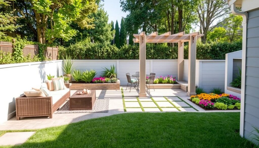 A serene garden space divided into distinct functional zones, featuring a cozy outdoor lounge with comfortable seating and cushions, a dining area with a stylish table set under a pergola, a vibrant flower bed with colorful plants, and a peaceful meditation nook surrounded by greenery, all harmoniously integrated into a lush backyard landscape.