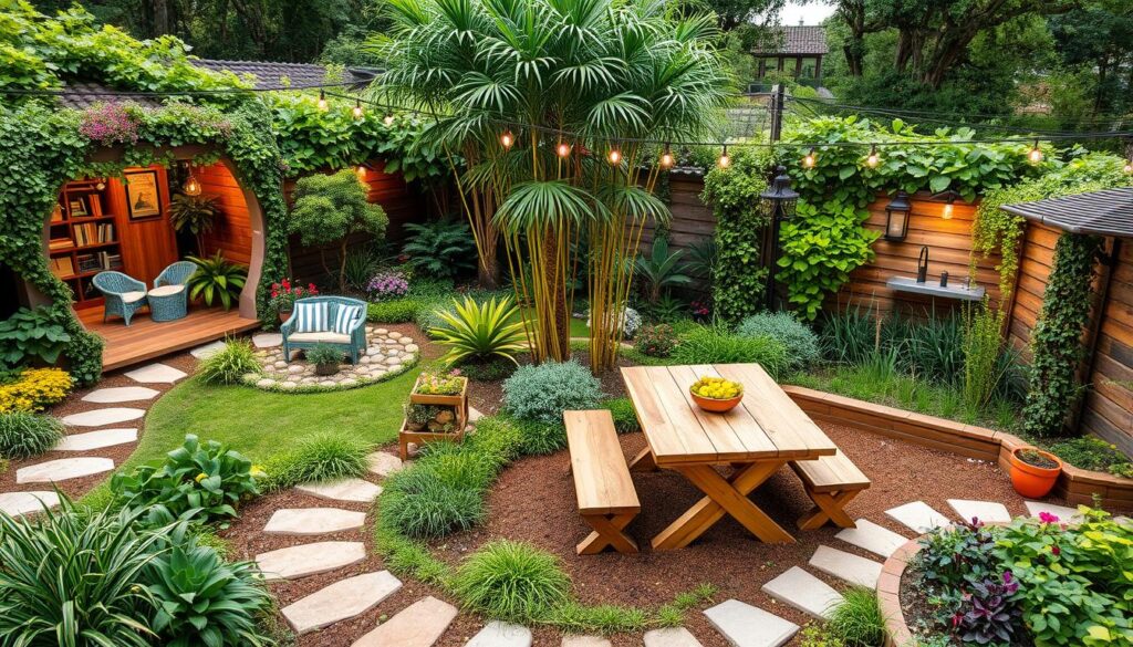 A vibrant garden showcasing distinct functional zones, featuring a cozy reading nook surrounded by lush greenery, a serene meditation area with bamboo and pebbles, an outdoor dining space with a rustic table under fairy lights, and a colorful vegetable patch all interconnected by winding paths, highlighting the beauty of nature and thoughtful design.