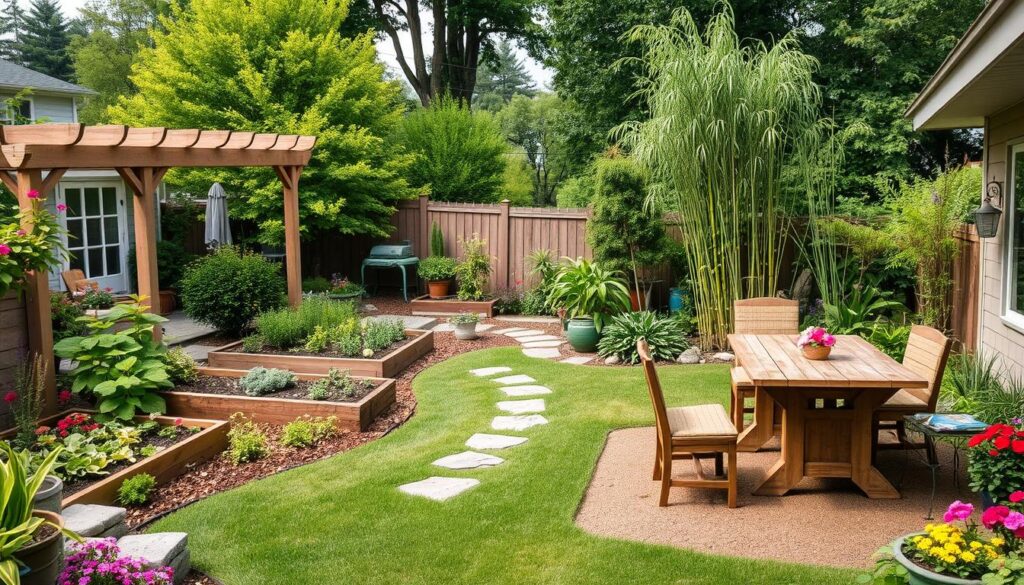 A serene backyard scene featuring distinct garden rooms, showcasing various functional zones like a cozy reading nook under a pergola, a vegetable garden surrounded by raised beds, a tranquil meditation area with stone paths and bamboo, and an outdoor dining space with a rustic table and chairs, all harmoniously integrated with lush greenery and colorful flowers.