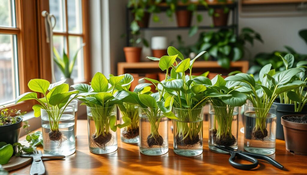 A serene indoor gardening scene showcasing various plant cuttings in clear glass containers filled with water, vibrant green leaves sprouting roots, a wooden table adorned with gardening tools like scissors and soil pots, sunlight streaming through a window highlighting the fresh greenery, harmonious colors and textures of different types of plants, creating an inviting atmosphere for plant propagation.