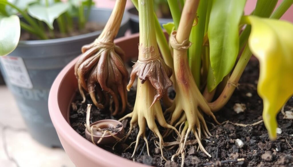 A close-up of wilting plant cuttings in a pot, surrounded by yellowing leaves and dry soil, illustrating the struggle of root rot and inadequate moisture, with blurred background showing other neglected plants.