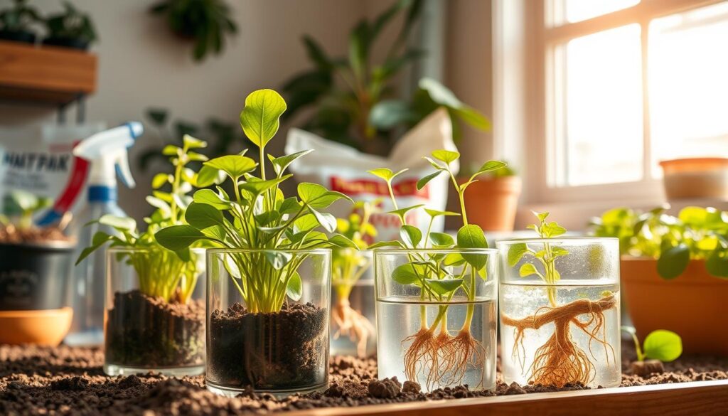 A serene indoor garden scene showcasing a variety of plant cuttings in glass containers, surrounded by warm natural light filtering through a window, with a misting spray bottle nearby, soft soil and a potting mix bag in the background, and delicate roots beginning to grow in clear water, evoking a sense of tranquility and nurturing for optimal root development.