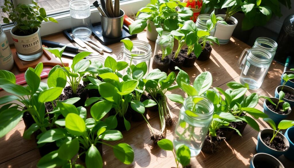 A serene workspace featuring various plant cuttings ready for rooting, with vibrant green leaves, a wooden table, an assortment of gardening tools, glass jars filled with water, and small pots on the side. Natural sunlight illuminates the scene, highlighting the textures of the leaves and soil, creating a peaceful atmosphere of plant propagation.