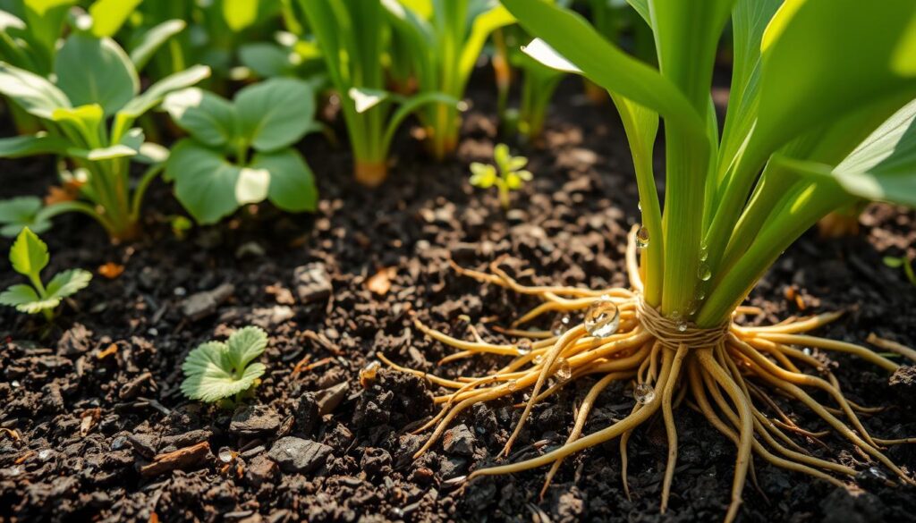 A lush garden filled with vibrant, healthy plants, surrounded by rich, dark soil mixed with biochar particles. Close-up on plant roots intertwined with biochar, showcasing improved growth and moisture retention. Sunlight filtering through leaves, sparkling on droplets of water, symbolizing nourishment and vitality.