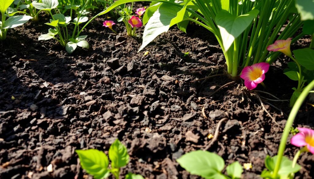 A lush garden scene showcasing rich, dark biochar mixed into vibrant soil, surrounded by thriving plants and flowers, with a close-up view of the textured biochar pieces amidst the earth, sunlight filtering through leaves, highlighting the healthy roots of plants.