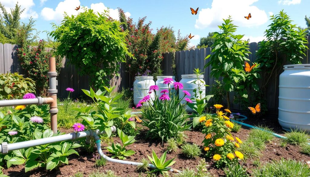 A vibrant garden scene featuring a greywater irrigation system, with pipes and hoses connecting to various plants and trees, showcasing lush greenery and colorful flowers, rainwater collection barrels in the background, a sunny day with a clear blue sky, and butterflies fluttering around.