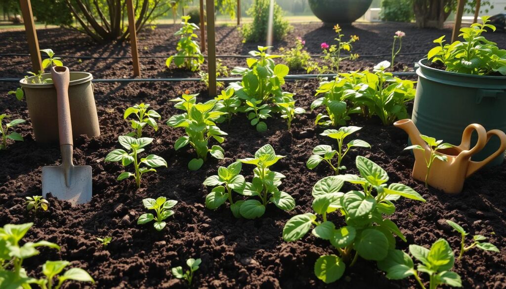 A vibrant garden scene showcasing various plants thriving in rich, dark soil infused with biochar, surrounded by gardening tools like a spade and watering can; sunlight streaming down on lush greenery, with a compost bin nearby and an earthy background featuring trees and flowers.