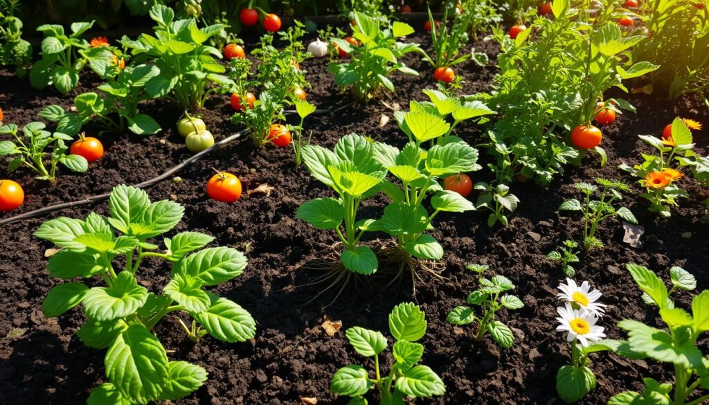 A vibrant garden scene showcasing lush, healthy plants thriving in rich, dark soil enriched with biochar, highlighting improved plant growth, root structures, and moisture retention, surrounded by diverse vegetables and flowers under bright sunlight, with a subtle hint of biochar particles mixed into the soil.