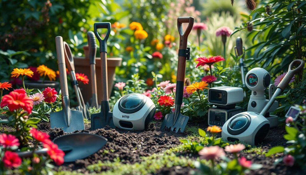 A futuristic garden scene showcasing a blend of traditional gardening tools like shovels and rakes alongside advanced, smart gardening gadgets such as robotic planters, automated watering systems, and sensor-equipped devices amidst vibrant flowers and lush greenery, illuminated by soft natural light.