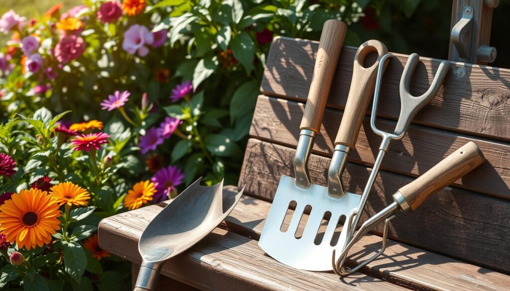 A rustic garden scene featuring an assortment of traditional manual gardening tools, including a wooden-handled shovel, a metal rake, a trowel, and a hand fork, all displayed on a weathered wooden garden bench surrounded by vibrant flowers and lush greenery. Soft sunlight filters through the leaves, casting gentle shadows on the tools.
