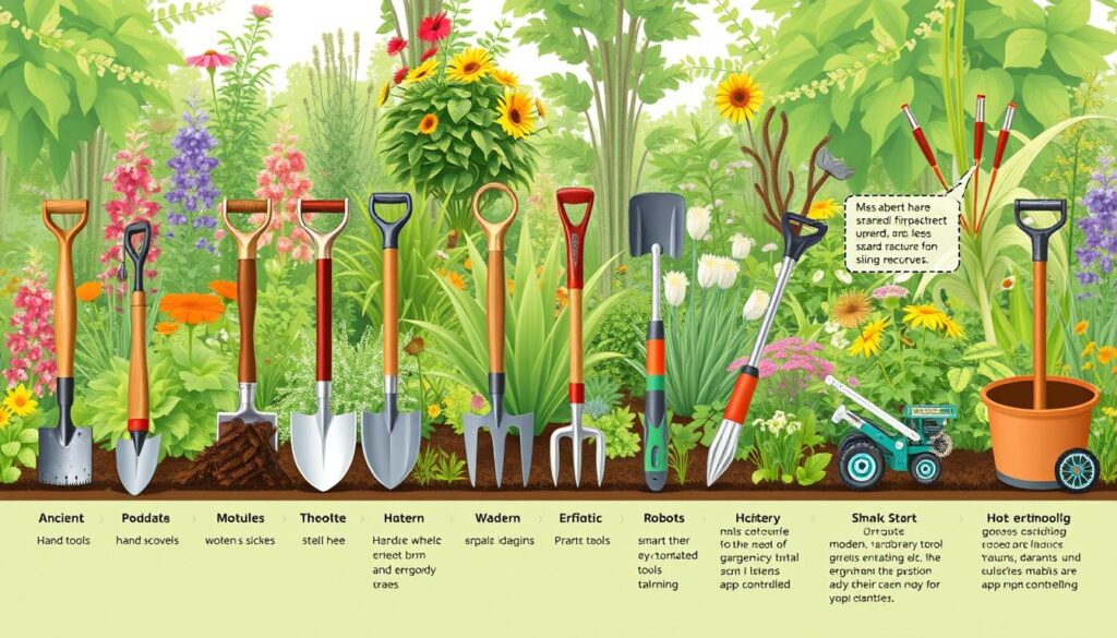 A timeline illustration showcasing the evolution of gardening tools, starting with ancient hand tools like wooden shovels and sickles, transitioning to metal spades and hoes, then featuring modern ergonomic designs, and culminating in high-tech smart gardening tools like robotic planters and app-controlled devices, set against a lush garden background that represents different eras of gardening.