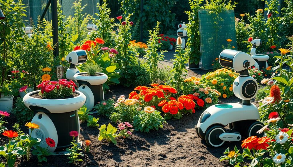 A futuristic garden scene featuring a variety of smart gardening tools, including robotic planters, automated watering systems, and AI-driven soil sensors, integrated into a vibrant, lush garden filled with colorful flowers and vegetables, illuminated by soft sunlight, showcasing the harmony between technology and nature.