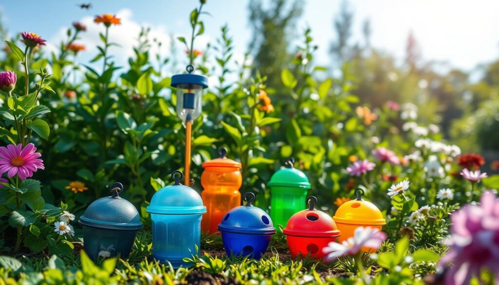A serene garden scene featuring various colorful pheromone traps artfully arranged among lush greenery and blooming flowers, showcasing their eco-friendly design, with insects drawn towards them, set against a bright blue sky and soft sunlight filtering through the leaves.