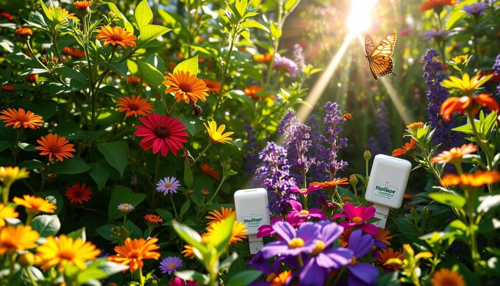 A vibrant garden scene featuring various colorful plants and flowers, with several pheromone traps subtly integrated among the foliage. Bright suns rays filtering through leaves, attracting butterflies and beneficial insects, while small, non-intrusive traps blend seamlessly into the natural surroundings, showcasing an eco-friendly approach to pest control. The overall atmosphere should be peaceful and harmonious, emphasizing the balance between nature and effective pest management.