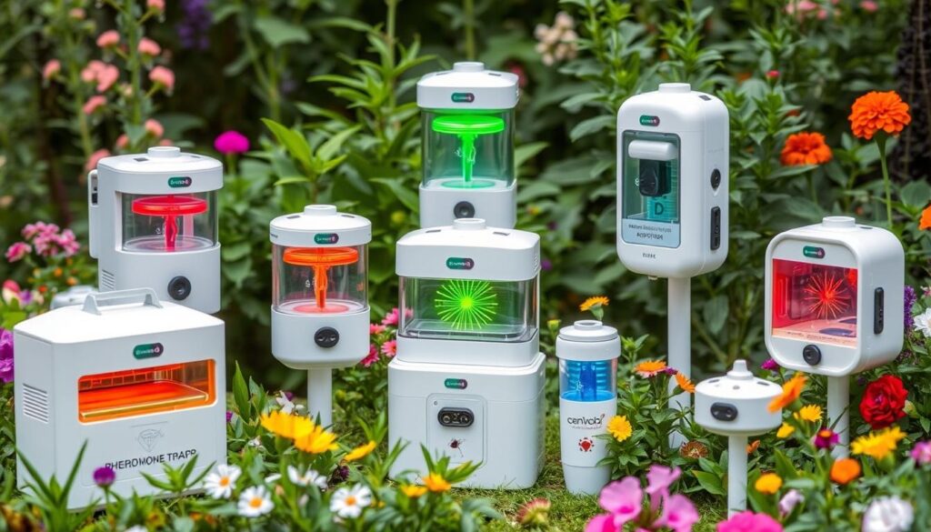 A collection of sophisticated pheromone traps in a lush garden setting, various shapes and sizes, colorful lures attracting insects, surrounded by greenery and flowers, showcasing a high-tech look with sensors and monitoring devices integrated into the traps.