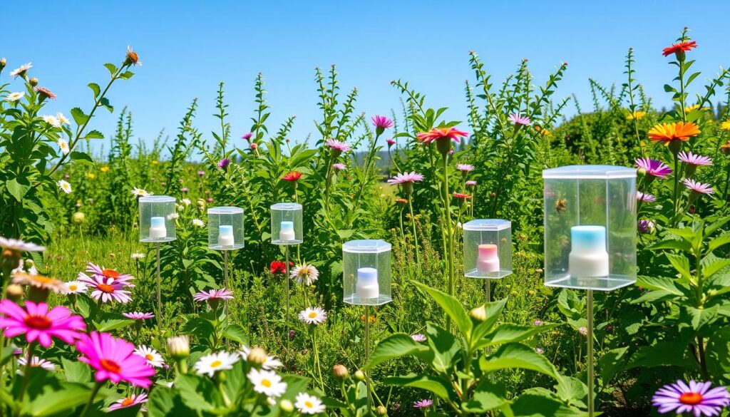 A serene garden scene showcasing various types of pheromone traps integrated into plants, surrounded by blooming flowers and green foliage, with subtle hints of insects attracted to the traps, all under a clear blue sky, emphasizing a natural and eco-friendly approach to pest management.