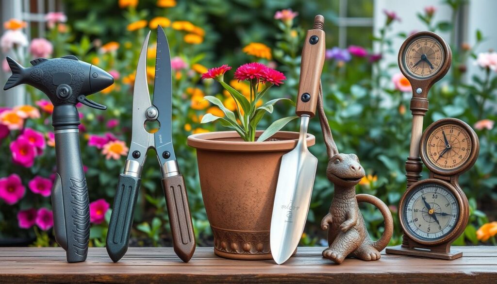 A collection of unusual gardening tools displayed creatively, featuring a handheld weeder shaped like a fish, a multi-functional pruner with interchangeable heads, a self-watering pot with built-in sensors, a quirky trowel resembling a dinosaur, and a soil moisture meter designed like a vintage compass, set against a lush garden backdrop with vibrant flowers and greenery.