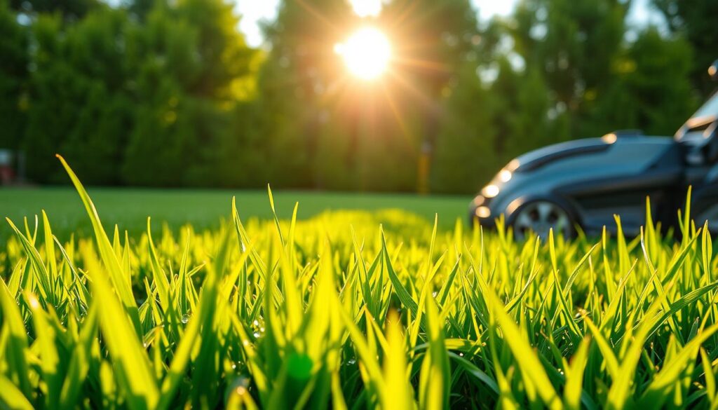 A lush green lawn, meticulously maintained, stretches out under a warm, golden afternoon sun. Blades of grass sway gently in a soft breeze, their vibrant hues reflecting the expert care they've received. In the foreground, water droplets glisten on the tips of the grass, testament to a recent, precise watering. The middle ground showcases a tranquil scene, with a sleek, modern lawn mower parked nearby, ready for its next pass. In the background, a row of mature trees provides a natural, verdant backdrop, completing the picture of a lawn that remains green and thriving year-round.