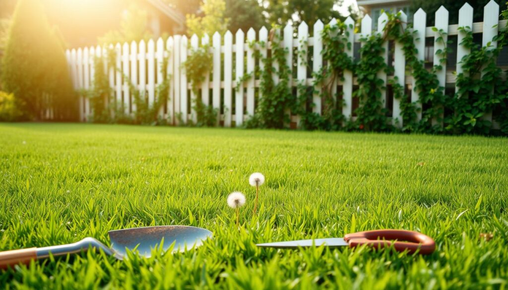 A serene, lush green lawn in warm natural light, with a well-manicured surface and a few scattered dandelions peeking through. In the foreground, a gardening spade and a pair of pruning shears rest on the grass, hinting at the meticulous care required. The middle ground showcases a neatly trimmed lawn edging, while the background features a picket fence adorned with climbing vines, adding a touch of charm. The overall scene conveys a sense of tranquility and the importance of consistent lawn maintenance for a year-round vibrant green landscape.