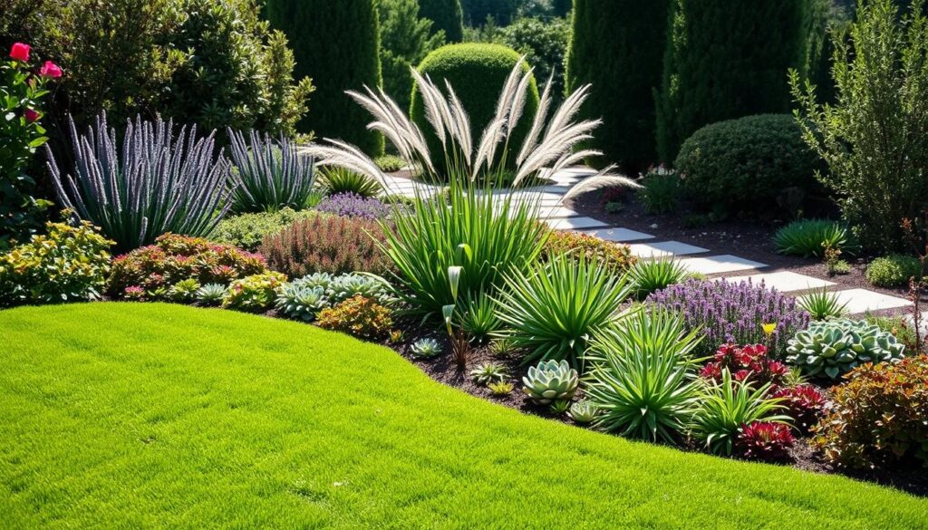 A lush, low-maintenance garden with a harmonious blend of diverse foliage and textures. In the foreground, a neatly-trimmed, verdant lawn leads the eye to a varied arrangement of drought-tolerant perennials and succulents in shades of green, purple, and red. The middle ground features a cluster of ornamental grasses swaying gently in a warm breeze, casting soft, dappled shadows. In the background, a simple, minimalist stone pathway meanders through the tranquil scene, framed by a backdrop of mature, evergreen shrubs and trees. The overall composition exudes a sense of effortless elegance and low-maintenance beauty, perfectly capturing the essence of the section title.