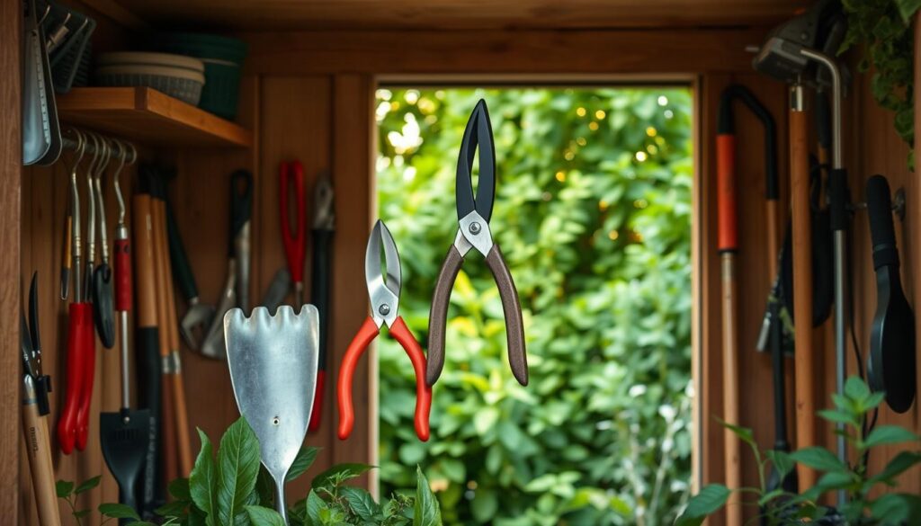 A well-organized garden tool shed, with a variety of time-saving tools neatly arranged on shelves and hooks. In the foreground, a modern, ergonomic hand trowel, pruning shears, and a long-handled cultivator stand out against a backdrop of lush greenery visible through an open doorway. Soft, warm lighting illuminates the scene, creating a sense of order and efficiency. The overall atmosphere conveys a practical, yet visually appealing approach to gardening, reflecting the article's focus on low-maintenance design.