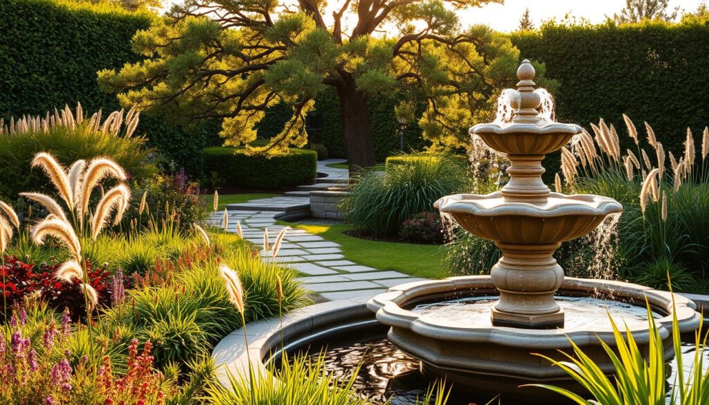 A serene garden oasis with a stunning focal point, bathed in warm, golden afternoon light. In the foreground, a beautifully sculpted stone fountain cascades into a tranquil pool, its soothing sound echoing through the lush, verdant landscape. Surrounding the fountain, a vibrant array of carefully curated perennials and ornamental grasses sway gently in a soft breeze. In the middle ground, a winding stone pathway leads the eye towards a majestic, ornamental tree, its branches casting intricate patterns of light and shadow across the scene. In the background, a well-tended hedge frames the tranquil setting, creating a sense of enclosure and privacy. The overall atmosphere is one of peaceful contemplation and effortless elegance.