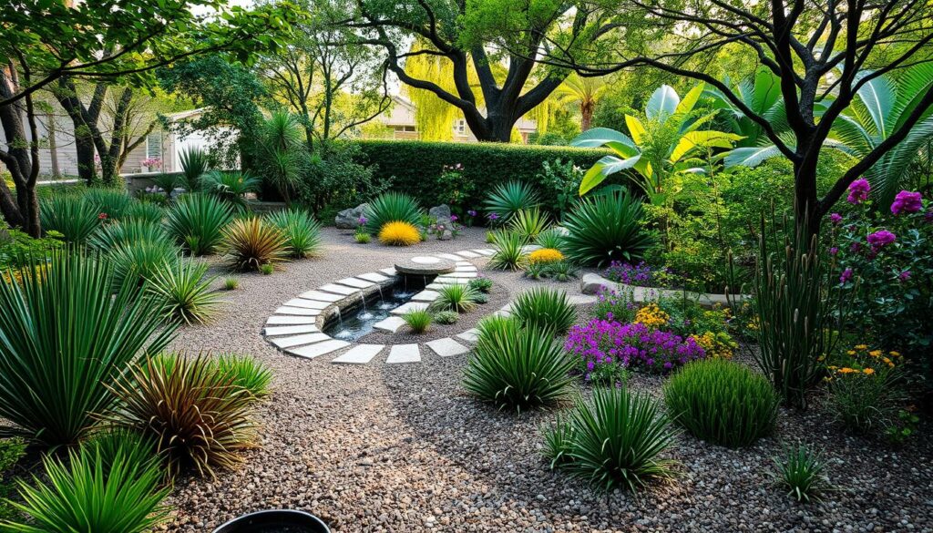 A lush, well-designed low-maintenance garden with a natural, serene atmosphere. The foreground features a variety of drought-tolerant and easy-to-care-for plants such as succulents, ornamental grasses, and perennials in a harmonious color palette. The middle ground showcases creative, low-profile garden features like a winding stone path, a small water feature, and natural mulch or gravel. In the background, there are mature trees or shrubs providing a sense of depth and framing the scene. The lighting is soft, with the sun filtering through the foliage, creating dappled shadows and a calming mood. The overall composition emphasizes simplicity, functionality, and a visually appealing, low-maintenance landscape design.