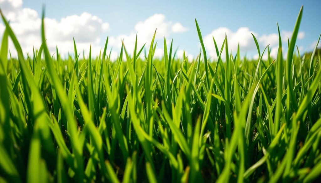A manicured green lawn with lush, vibrant blades of grass reaching towards the sun. The foreground showcases the texture and density of the grass, inviting the viewer to feel the softness underfoot. The middle ground reveals the seamless transition from grass to soil, hinting at the healthy root system below. In the background, a clear blue sky with fluffy white clouds creates a serene, tranquil atmosphere. Warm, directional lighting casts subtle shadows, highlighting the thriving lawn. Captured with a wide-angle lens to emphasize the expansive, well-tended nature of the perfect green oasis.